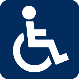 Auf dem Piktogramm ist in weißer Farbe ein Mensch im Rollstuhl abgebildet.