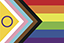 Das Bild ist die Progress-Flag, die für LGBTIQ Freundlichkeit steht. Auf der Flage zu sehen sind sechs Streifen in der Farbe rot, orange, gelb, grün, blau, lila. Im linken Eck sind sechs Dreiecke zu sehen mit den Farben gelb, weiß, rosa, hellblau, braun und schwarz. In der Mitte des gelben Dreiecks ist ein schwarzer Kreis abgebildet.